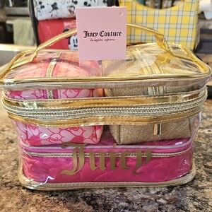 Juicy Couture Pink and Gold Clear Cosmetic Case with Matching Pouches 3 Piece